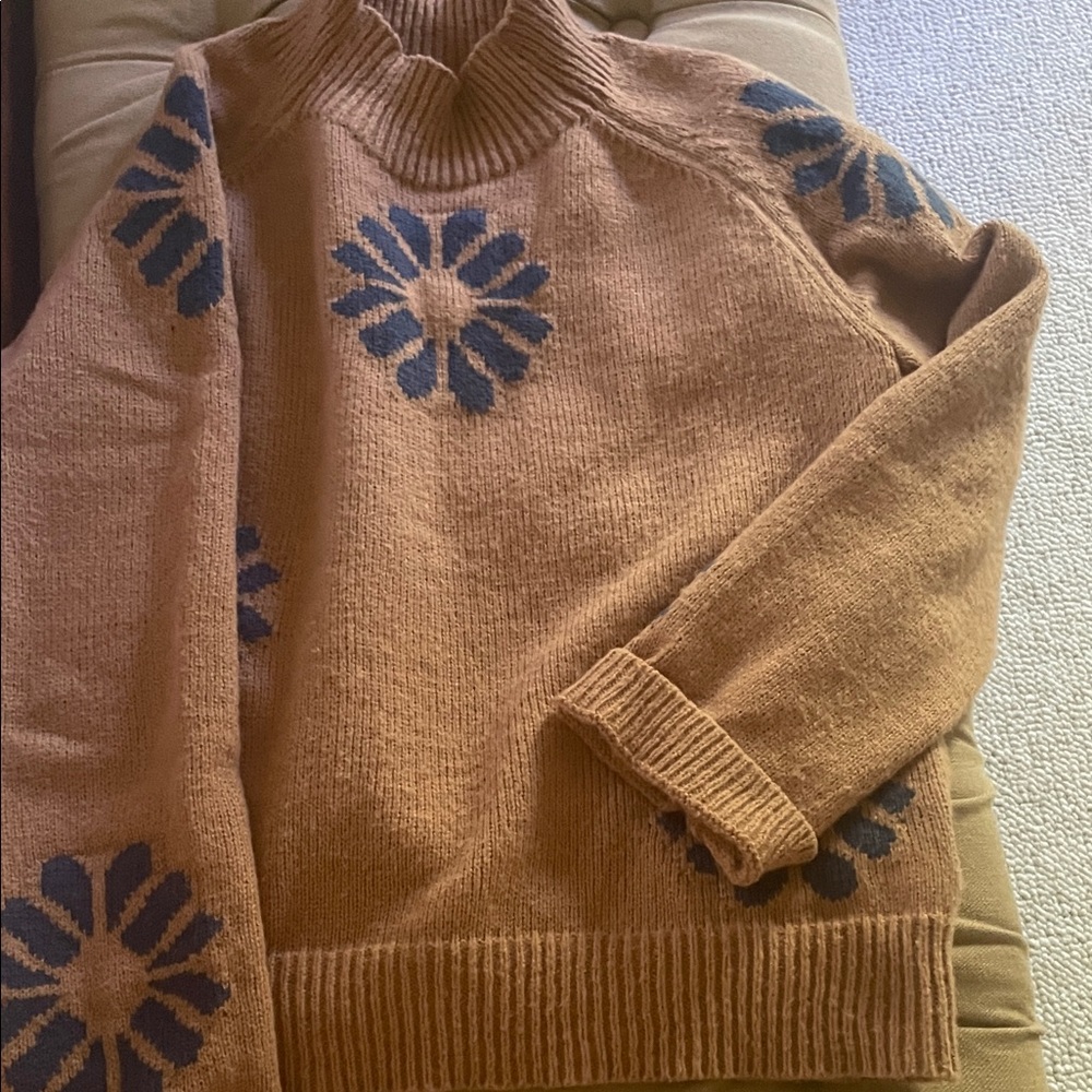 Men's Turtleneck Sweater in Camel with Navy Floral Motifs